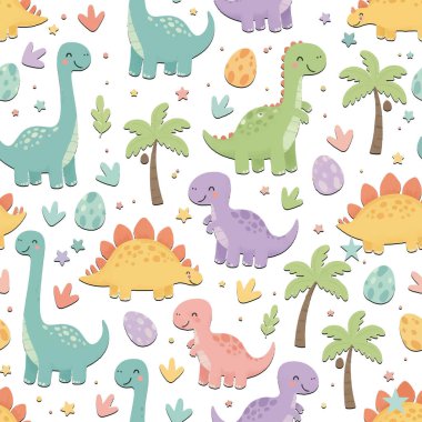 Şirin, dinazorun pürüzsüz deseni. Renkli dinozorlar, palmiye ağaçları, yumurtalar ve ayak izleri olan bir kreş. Çocuk tekstil, duvar kâğıdı, beyaz üzerine baskı tasarımı. Sonsuz vektör dokusu.