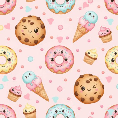 Tatlı suluboya tatlı pürüzsüz desen. Gülümseyen donutlar, kurabiyeler, dondurma ve pembe desenli kekler..