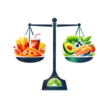 Fast food ve sağlıklı beslenmeyi karşılaştıran bir denge ölçeğinin kavramsal çizimi. Diyet seçiminin görsel metaforu, yaşam tarzı dengesi ve bilinçli yemek, beyaz üzerinde modern suluboya stilinde gösterilmiştir..