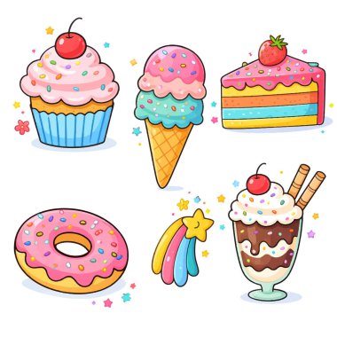 Tatlı tatlılar, kek, dondurma, pasta dilimi, çörek, milkshake ve kayan yıldız, renkli kawaii çizgi film çizimi çocuk tasarımı ve baskıları için beyaz arka planda izole edilmiş..
