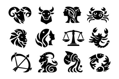 Minimalist siyah-beyaz vektör kümesi 12 burç simgesi. Semboller arasında Koç, Taurus, Gemini, Kanser, Leo, Başak, Terazi, Akrep, Yay, Oğlak, Kova ve Balık bulunur..