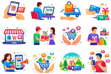 Çevrimiçi alışveriş, mobil ödemeler, dağıtım, hediyeler, indirimler ve mutlu müşterileri gösteren renkli e-ticaret illüstrasyon seti. Beyaz arkaplanda izole edilmiş modern düz vektör simgeleri.