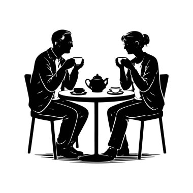 Masada oturmuş çay içen yaşlı bir çiftin siyah beyaz vektör silueti. Yaşlı bir adamla kadının sohbetten zevk aldığı samimi bir sahne..