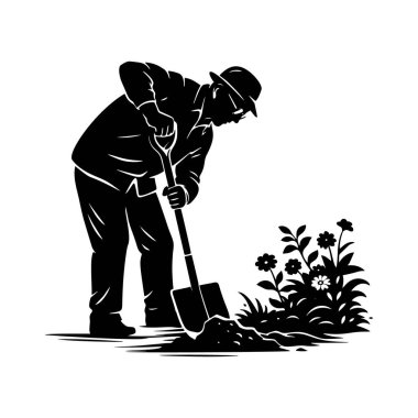Bahçede toprak kazan yaşlı bir adamın minimalist siyah vektör silüeti. İşgücü, sabır, hayat tecrübesi, rutin, kendine güven, doğa ve yaşlılıkta sessiz güç sembolü..
