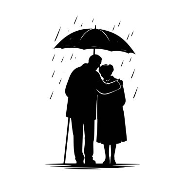 Yağmurda şemsiye altında yan yana duran yaşlı bir çiftin minimalist siyah vektör silueti. Aşkın, korunmanın, desteğin, arkadaşlığın ve hayat boyu duygusal yakınlığın sembolü..