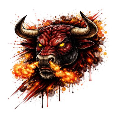 Güçlü bir vektör graffiti şehir çizimi. Öfkeli bir boğa kafasının su sıçramaları ve damlalarla ateş püskürttüğünü gösteriyor. Sokak sanatı gücü, öfkeyi, hakimiyeti, saldırganlığı ve ham enerjiyi simgeler..