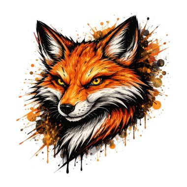 Modern grafiti tarzında etkileyici tilki kafası keskin fırça darbeleri, boya sıçramaları ve yoğun altın gözler. Vahşi orman hayvanları çizimi, cesur ve dinamik, beyaz üzerinde izole edilmiş..