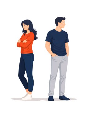 Ayrı duran ve farklı yönlere bakan bir çiftin minimum düz vektör çizimi. Duygusal uzaklık, yanlış anlama ve ilişki çatışması, modern yaşam tarzı kavramı, izole edilmiş.