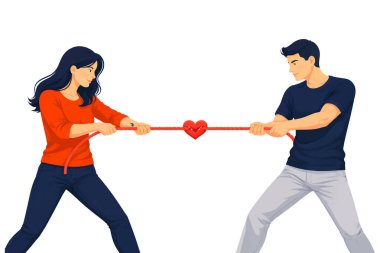 Ortasında kalp olan bir kadın ve erkeğin halatı çekerken düz vektör çizimi. İlişki mücadelesi, duygusal çatışma, güç dengesi, aşk gerginliği, ortaklar arasındaki anlaşmazlık kavramı.