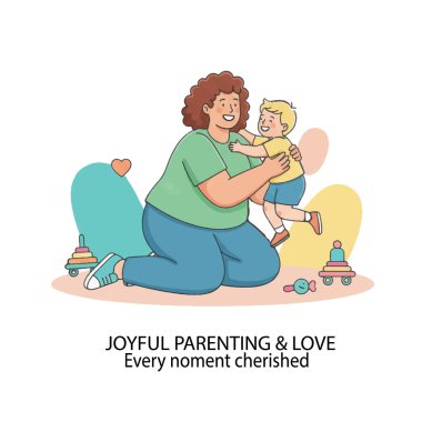 Küçük oğlunu oyuncaklarla bir oyun odasında kucaklayan iri yarı mutlu bir anne. Neşeli ebeveynlik, vücut pozitifliği ve aile sevgisinin iç açıcı temsili..