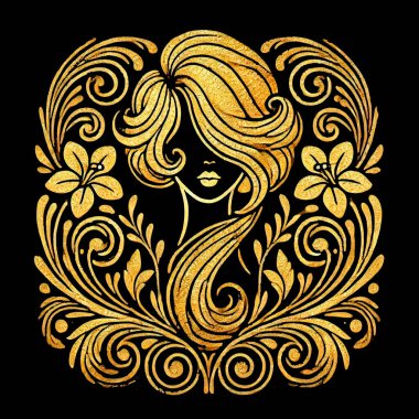 Zarif çiçek girdapları ve siyah üzerine filigran ile çevrili altın parıltılı bir kadın silueti. Güzellik, kaplıca ve moda logoları, posterler veya tebrik kartları için lüks sanat.