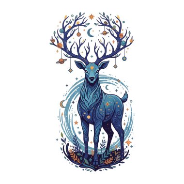 Gezegenler ve yıldızlarla süslenmiş boynuzlu mistik mavi geyik. Yerel sanat tarzında kozmik desenleri ve hilal ayları olan gök geyiği çizimi. Sihirli orman hayvan vektör sanatı.