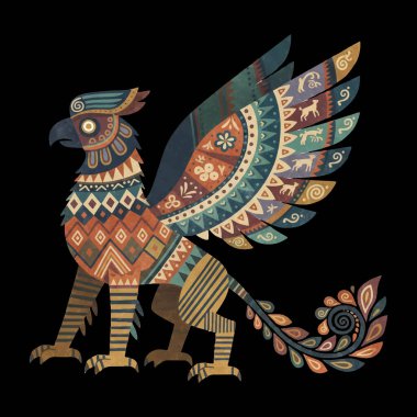 Kartal kafası ve aslan gövdesiyle şekillendirilmiş mitolojik Griffin çizimi, renkli halk sanatı desenleri, kabile süsleri ve etnik motifler içerir..