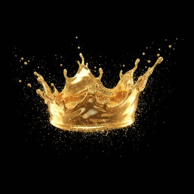 Siyah zemin üzerinde ışıldayan parçacıklar olan 3D altın kaplama. Premium markalaşma ve gala etkinlikleri için lüks kraliyet su tacının vektör çizimi.