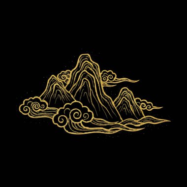 Altın oryantal dağ sırası ve siyah arkaplanda dönen bulutlar. Zarif el yapımı altın dokulara sahip geleneksel Japon tarzı vektör sanatı.