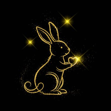 Sihirli altın parıltılı tavşan bir kalp tutuyor. Siyah arka planda yıldızlar olan zarif, ışıldayan tavşancık silueti. Tatiller için lüks altın toz taşıyıcı illüstrasyonu.