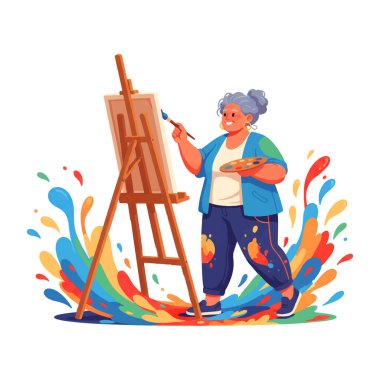 Renkli boya lekeleriyle çevrili, palet ve fırçayla tuvale resim yapan son sınıf kadın sanatçı. Yaratıcı hobi, emeklilik ve sanat sınıfı kavramları için düz vektör çizimi.