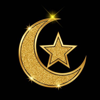 Altın parıltılı hilal ve parlak parıltılı yıldız ikonu. Ramazan Kareem ve Bayram için lüks İslam sembolü. Siyah arkaplanda izole edilmiş zarif vektör illüstrasyonu.