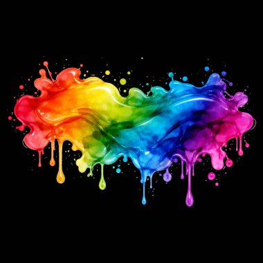 Suluboya gökkuşağı boyası parlak sıvı damlaları ve renkli lekelerle sıçrama vektörü. Siyah arkaplanda izole edilmiş parlak mürekkep soyut yatay dalgası. Dinamik neon sanatsal tasarım ögesi.