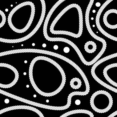 Siyah arka planda beyaz denizcilik ipleri ve noktalarıyla modern kusursuz desen. Tekstil, moda ve deniz dekorları için soyut bükülmüş iplerle süslü tek renkli deniz süsü. Vektör dokusu.