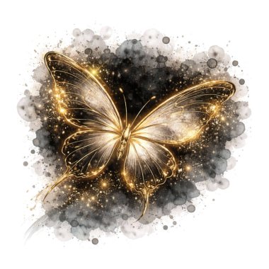 Koyu suluboya arka planda parlayan altın kelebek. Parlak ışıkları ve mürekkep sıçramaları olan zarif bir vektör çizimi. Lüks tasarımlar için mükemmel..