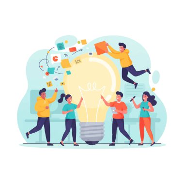Yaratıcı ekip dev bir ampulün etrafında beyin fırtınası yapıyor. Büyük fikir, yenilik, takım çalışması ve başlangıç başarısı kavramı. Bir iş projesinde işbirliği yapan insanların düz vektör illüstrasyonu.