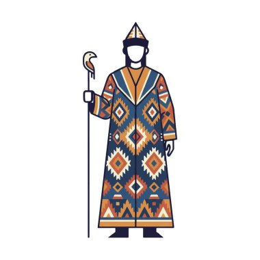 Orta Asya göçebe figürünün modern etno-minimalizm vektör çizimi stilize edilmişlik desenleri, temiz geometrik çizgiler, zengin toprak rengi ve çivit mavisi. Halk süsleme motifleri.