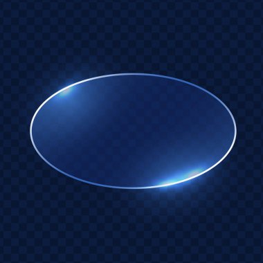 Koyu mavi arkaplanda cam morfizm tarzında parıldayan oval yumuşak neon kenarları, pürüzsüz yansımaları ve parlak gölgeler zarif bir ışık derinliği etkisi yaratıyor