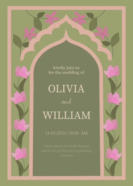 Hint usulü düğün davetiyesi, pembe Babür kemeri, çiçek sarmaşıkları ve yumuşak yeşil tonlarıyla. Kültürel estetik ve rafine elementlerden esinlenilmiş zarif bir kompozisyon