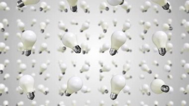 Beyaz 3D Ampuller Düşen Animasyon. Elektrik ampulleri düşüyor. Ampul yağmuru. 4K
