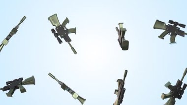 Keskin nişancı tüfekleri arka planda kalıyor. Askeri Silahlar 3D. Silah sesi. 4K