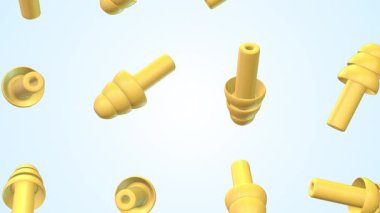 Açık Mavi Arkaplan 'a düşen kulak tıkaçları. Sarı Kulaklıklar 3 boyutlu animasyon. 4K