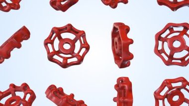 Açık mavi arka planda vana tekerlekleri düşüyor. Metal vana kolu 3D. 4K