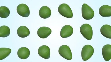 Avokadolar Açık Mavi Arkaplanda Düşüyor. Avokado 3 boyutlu animasyon. 4K