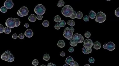 Karanlık Arkaplanda Gerçekçi Yansıma Efektiyle Yüzen Sabun Baloncukları. 4K