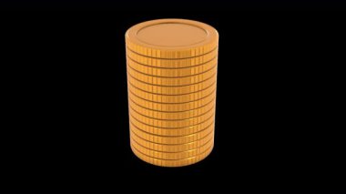 Şeffaf bir arkaplanda Altın Para Yığını. Yansıtıcı madeni paralar 3 boyutlu. Zenginlik. 4K