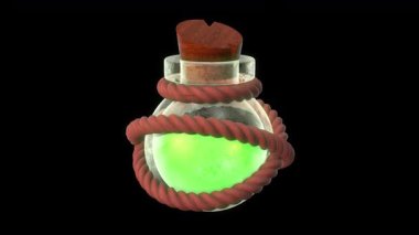 Şeffaf bir arkaplanda dönen 3 boyutlu iksir şişesi. Kusursuz döngü. Zehir. 4K
