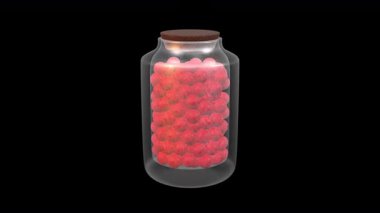 Şeffaf bir arkaplanda dönen 3 boyutlu şeker kavanozu. Kusursuz döngü. Şeker kavanozu. 4K