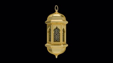 Altın İslami Fener Şeffaf Arkaplanda Dönüyor. Kusursuz döngü. 4K