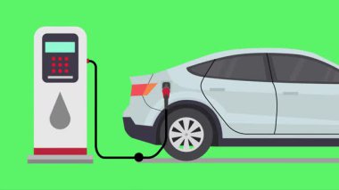 Geleneksel benzin yakıtlı bir arabanın düz vektör çizimi, jenerik benzin istasyonunda parlak yeşil bir zemine karşı yakıt ikmali yapıyor. E-hareketlilik, gelecekteki ulaşım ve sürdürülebilirlik kavramı.