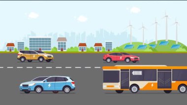 Elektrikli arabaların ve şehir yolunda giden otobüslerin canlandırması. Sürdürülebilir kentsel peyzaj, yeşil bir tepenin üzerindeki simgeleri, binaları, rüzgar türbinlerini ve güneş panellerini şarj eden EV içeriyor.