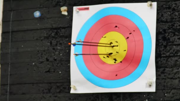 Archer holds his bow aiming at a target — Stock Video