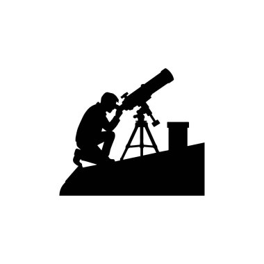 Gökbilimci silueti simgesi adam beyaz arkaplanda teleskopla gökyüzünü gözlemliyor 