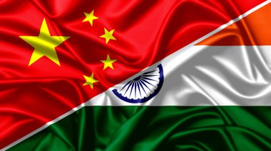 Hindistan ve Çin 'in bayrağını sallayan gerçekçi 3D resimli ipekten yapılmış.