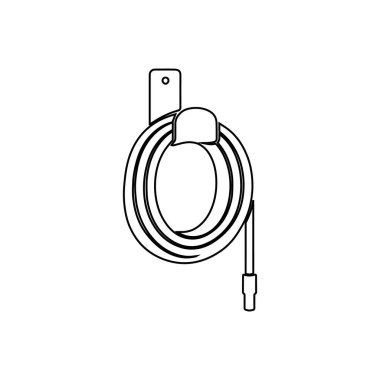 Metal kancadaki bahçe hortumunun siyah beyaz çizgisi. Arka bahçe bakımı için sulama ekipmanları. Açık hava peyzajı için basit bir hortum makarası depolama simgesi.