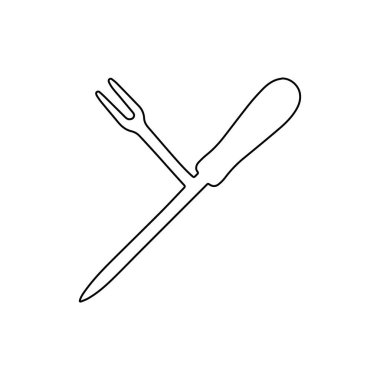 Çatal ve bıçaklı mutfak aletinin basit çizimi. Yemek hazırlamak için çatal bıçak takımının minimalist çizimi. Yemek araçlarının temiz vektör grafiği.