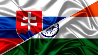 Dalgalı kumaş dokusuna sahip iki ulusun kavramsal temsili. Hindistan ve Slovakya bayrakları birbirine dolanmış, birlik ve uluslararası ilişkileri sembolize ediyor.