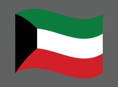 Kuveyt 'in resmi ulusal bayrağı gri arka planda siyah yeşil beyaz ve kırmızı renklerle dalgalanıyor. Basra Körfezi ülkesini ve egemen kimliğini temsil eden yüksek kaliteli vektör grafikleri.