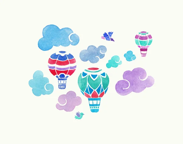 Ilustración de acuarela con aerostatos y nubes — Vector de stock