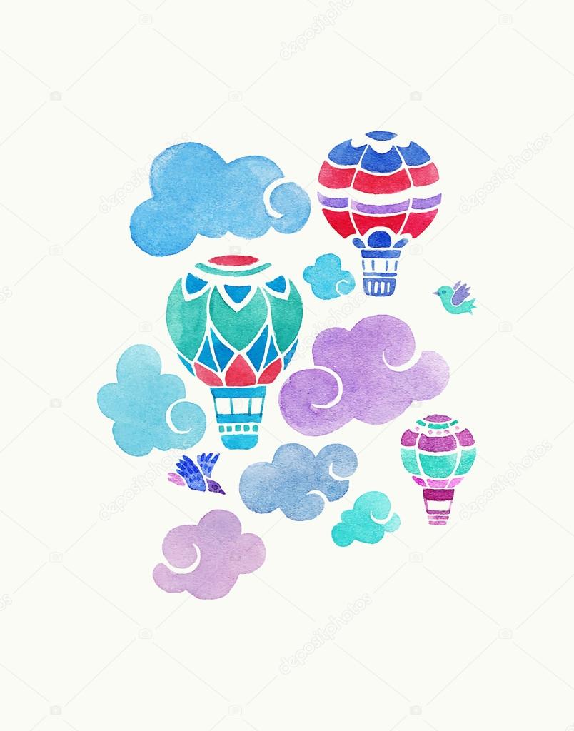 Watercolor Illustration With Aerostats And Clouds Stock Vector Image By C Mashikomo Gmail Com